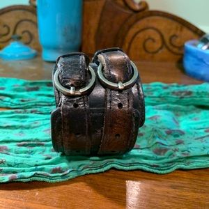 Punk rock leather cuff with double silver buckles!